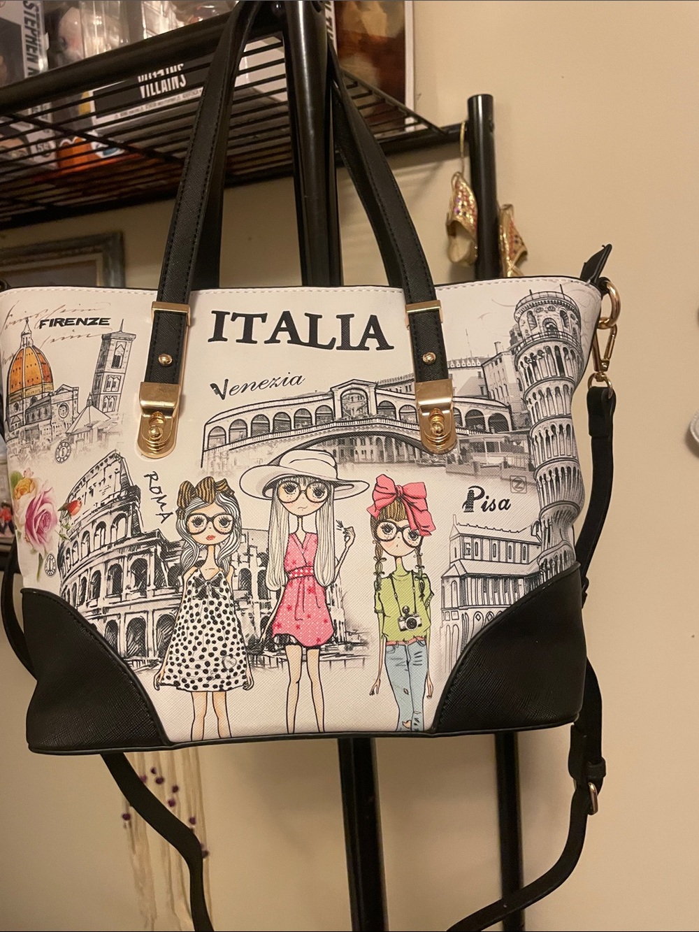 Women's Italia Print Tote Bag with Black Accents